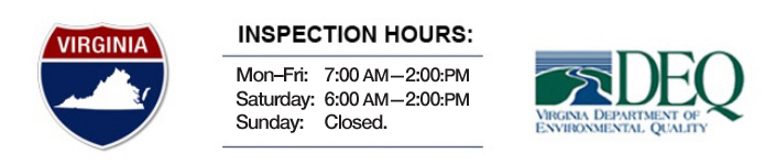 Virginia State Inspection Hours Mon-Fri: 6am-8pm, Sat 6am-4pm, Sun CLOSED. Virginia DEQ Logo 